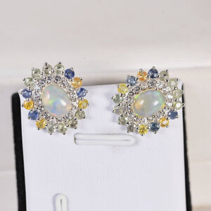 Natural Ethopian Opal w Natural Sapphire White Topaz Earrings 925 Sterling